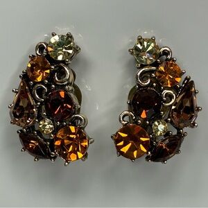 Vintage LISNER 50s Silver-tone Clip Earrings Brown + Amber Crystal Rhinestones